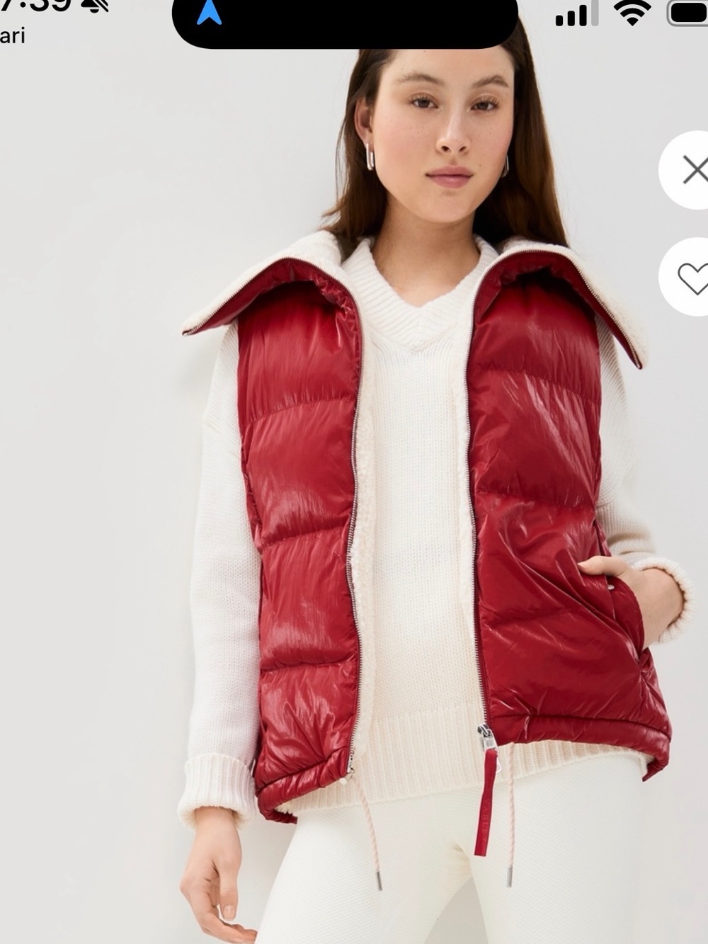 Varley Red Puffer Vest with Cream Sherpa Trim